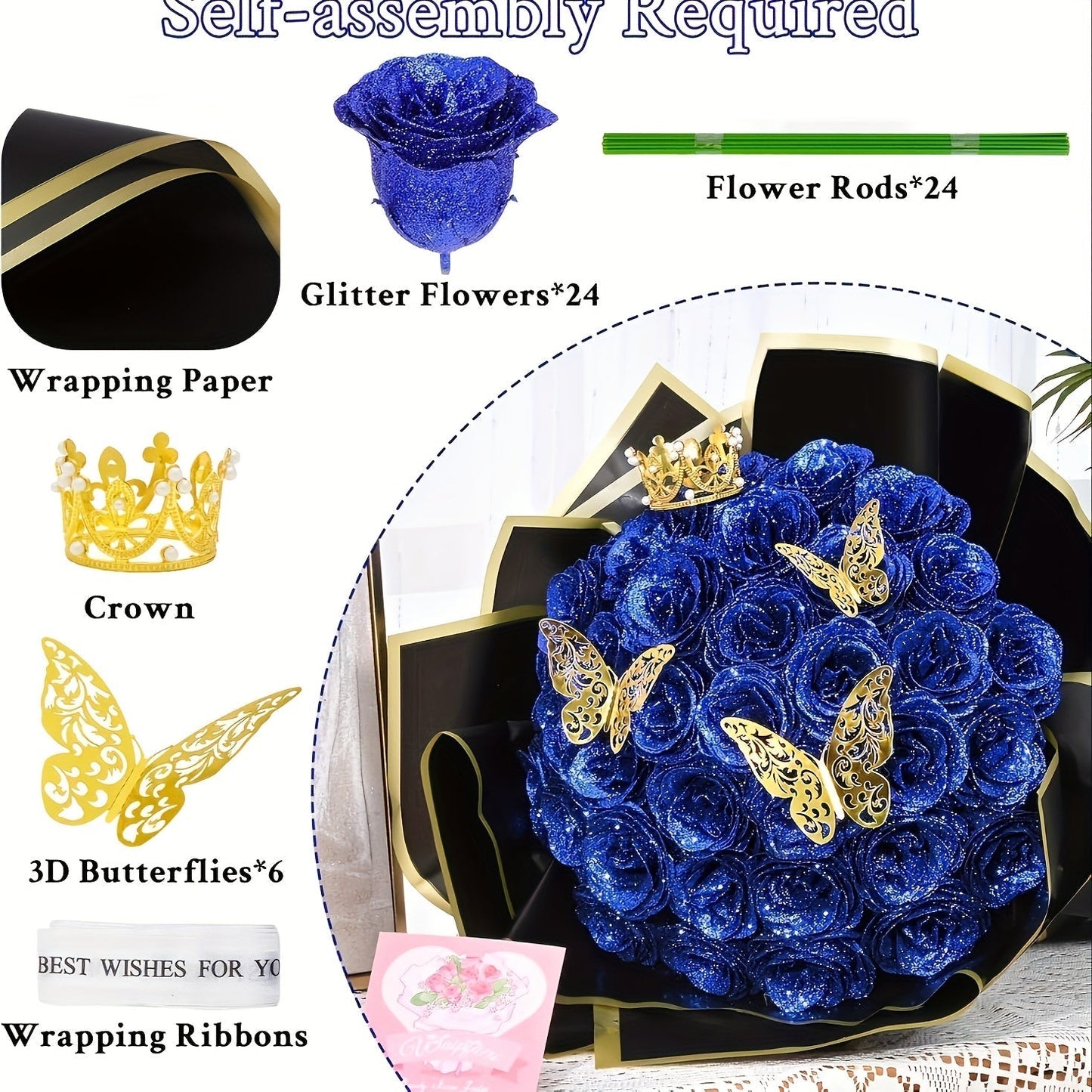 Artificial Rose Bouquet 24 Glitter Roses with 6 Golden Butterflies, Everlasting Shiny Fake Flower Bouquet for Wedding