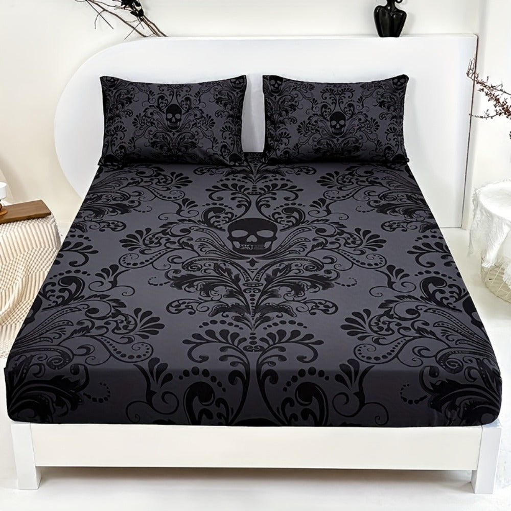 Gothic Skull Fitted Sheet Set 3-Piece, Victorian Baroque Halloween Bedding, 1 Deep Pocket Fitted Sheet + 2 Pillowcases