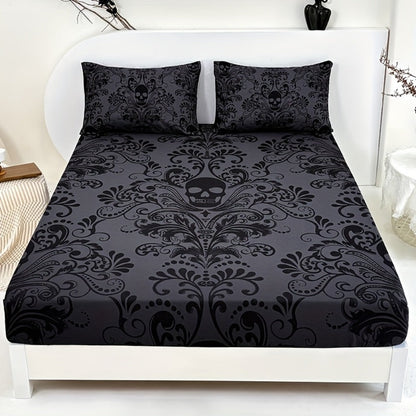 Gothic Skull Fitted Sheet Set 3-Piece, Victorian Baroque Halloween Bedding, 1 Deep Pocket Fitted Sheet + 2 Pillowcases