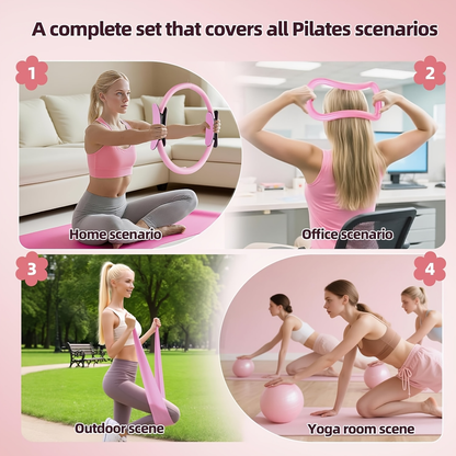 Pink 14-Piece Pilates Ring Set with Two Balls, Five Resistance Bands, Foam Block and Drawstring Bag