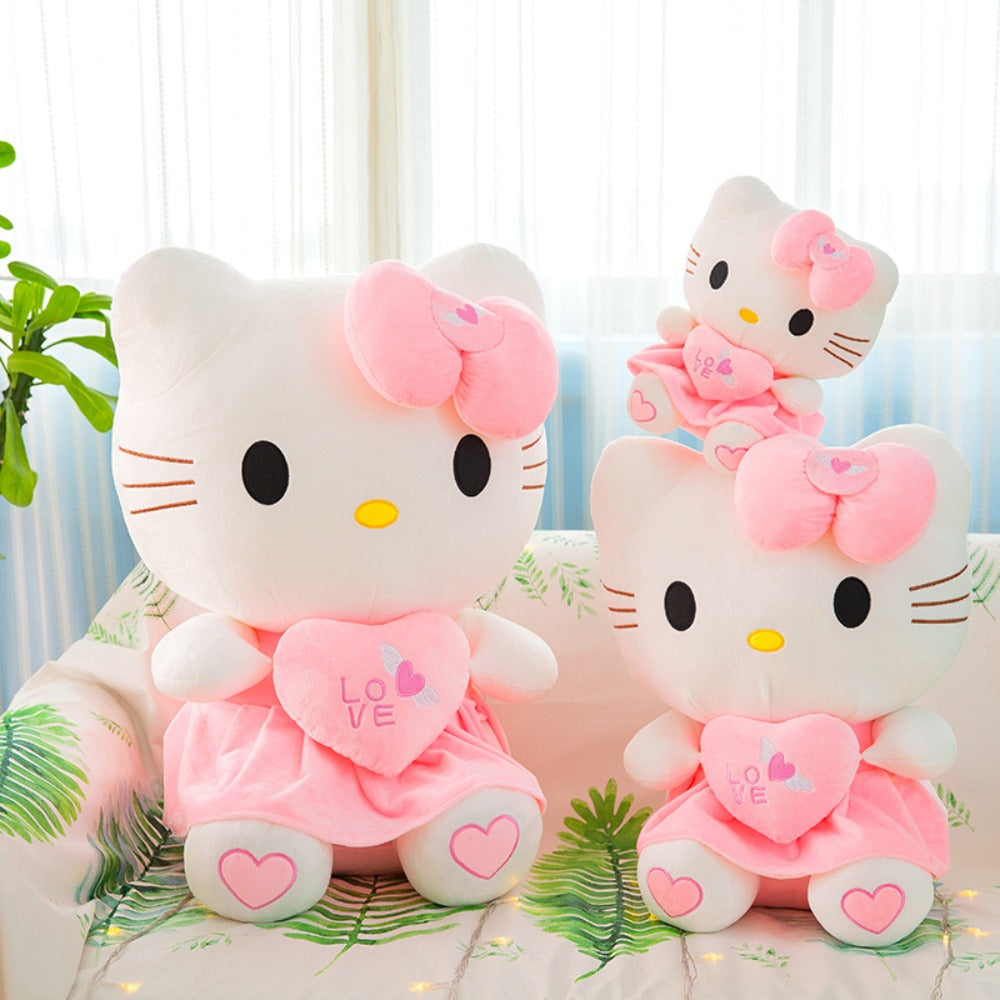 Hello Kitty Stuffed Animal Plush Doll Officially Licensed Sanrio, Pink White KT Cat Cuddly Plush with Hugging Heart