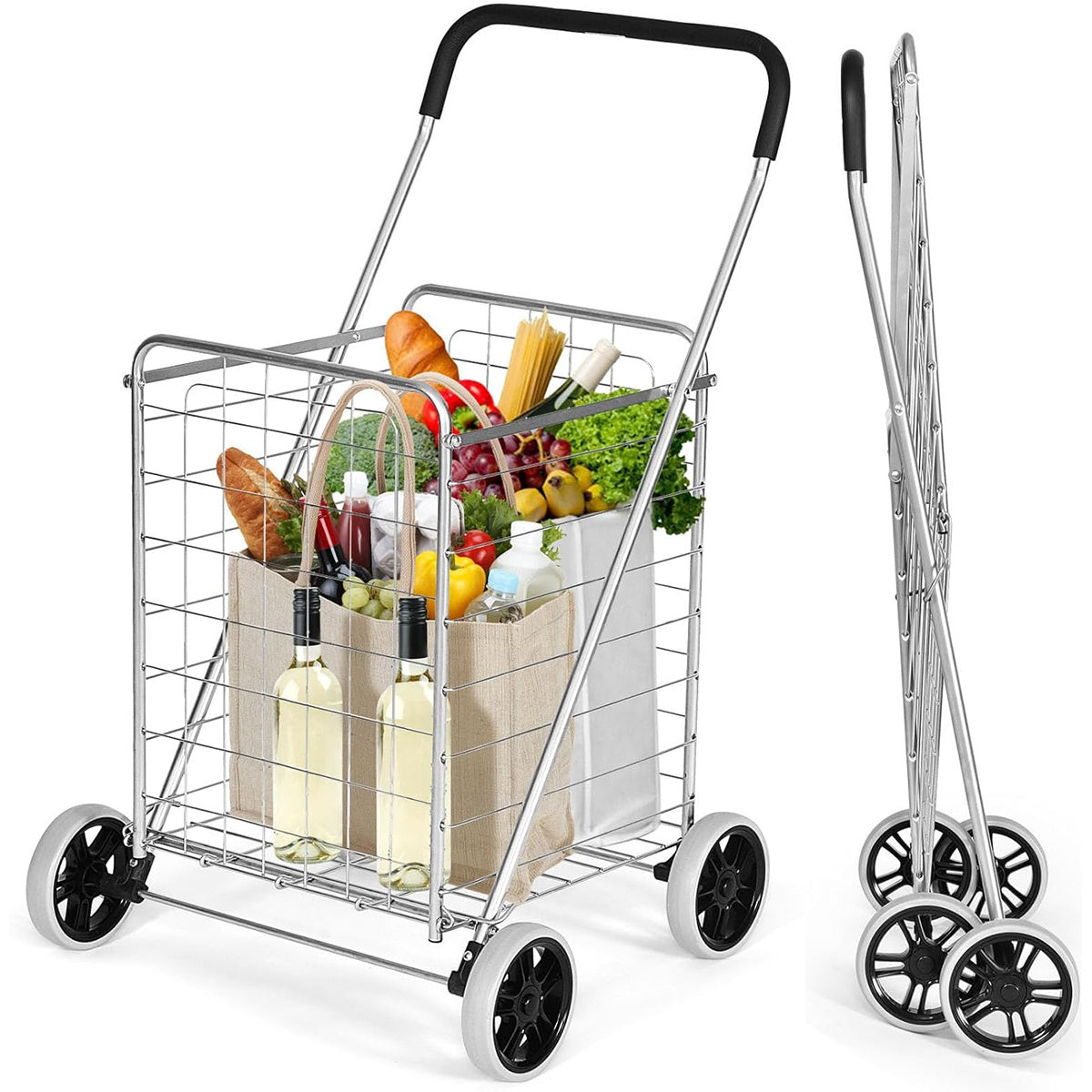 Rolling Shopping Cart Metal Basket, Foldable Grocery Utility Cart with Foam Handle Large Wheels 22 Gal for Supermarket Laundry Warehouse