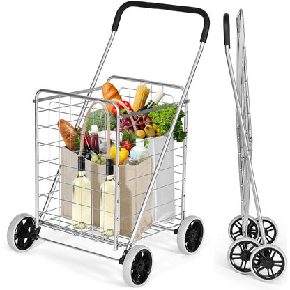 Rolling Shopping Cart Metal Basket, Foldable Grocery Utility Cart with Foam Handle Large Wheels 22 Gal for Supermarket Laundry Warehouse