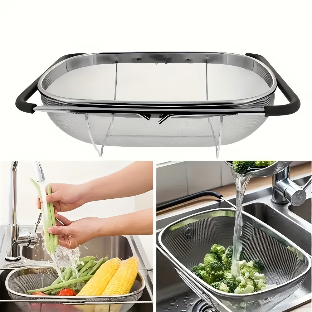 Stainless Steel Colander Expandable Fine Mesh Drain Basket Strainer for Vegetables Fruits for Home Cooking, Dining and Outdoor Meals