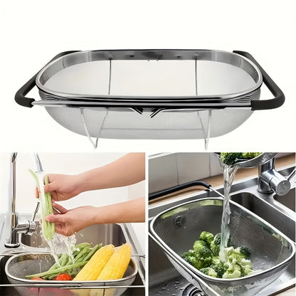 Stainless Steel Colander Expandable Fine Mesh Drain Basket Strainer for Vegetables Fruits for Home Cooking, Dining and Outdoor Meals