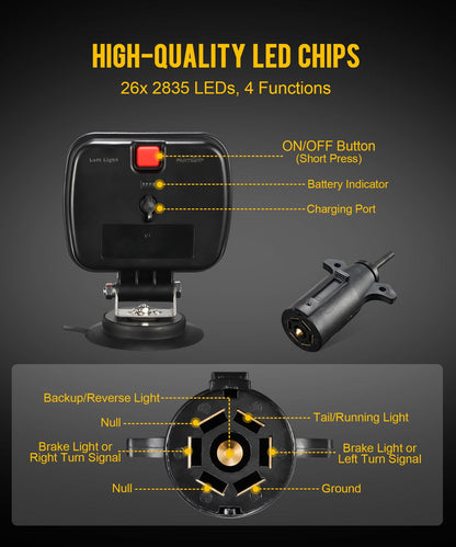Wireless Magnetic LED Trailer Light Kit – 26 LED Towing Tail Light Stop Turn Brake Reverse, 7-Pin Plug 12-24V IPX5 Waterproof