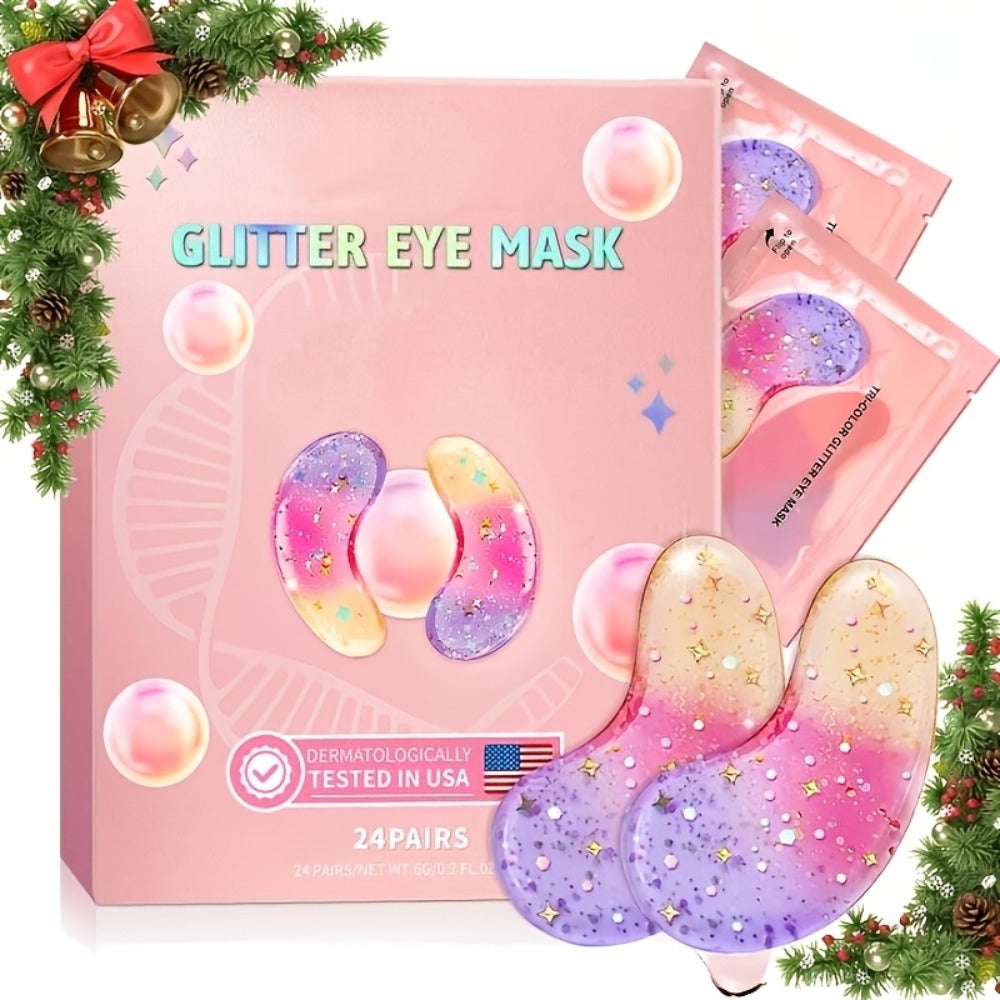Tri-Color Glitter Under-Eye Mask Set with 24 Pairs of Individually Packed Pink, Gold and Green Gel Patches