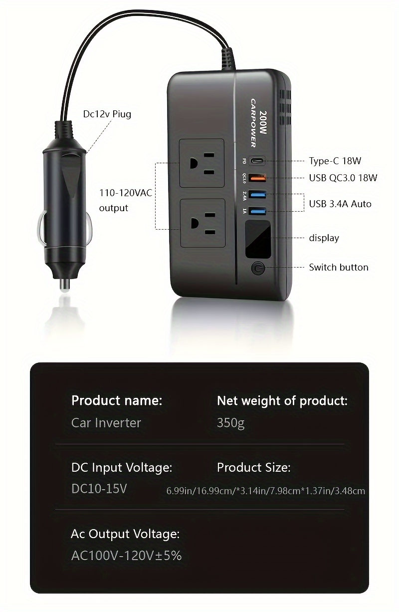 200W Car Power Inverter DC 12V to AC 110V with USB-C PD 20W & QC3.0 Fast Charging for Garden, Patio and Yard Use