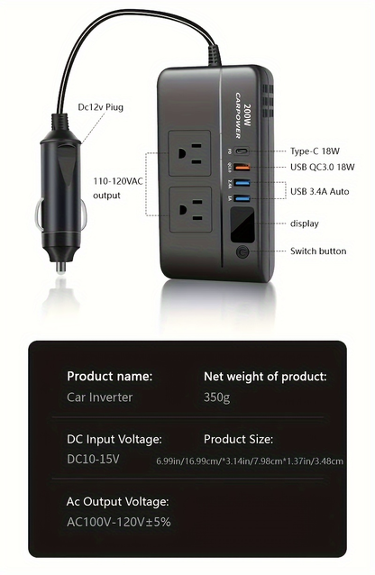 200W Car Power Inverter DC 12V to AC 110V with USB-C PD 20W & QC3.0 Fast Charging for Garden, Patio and Yard Use