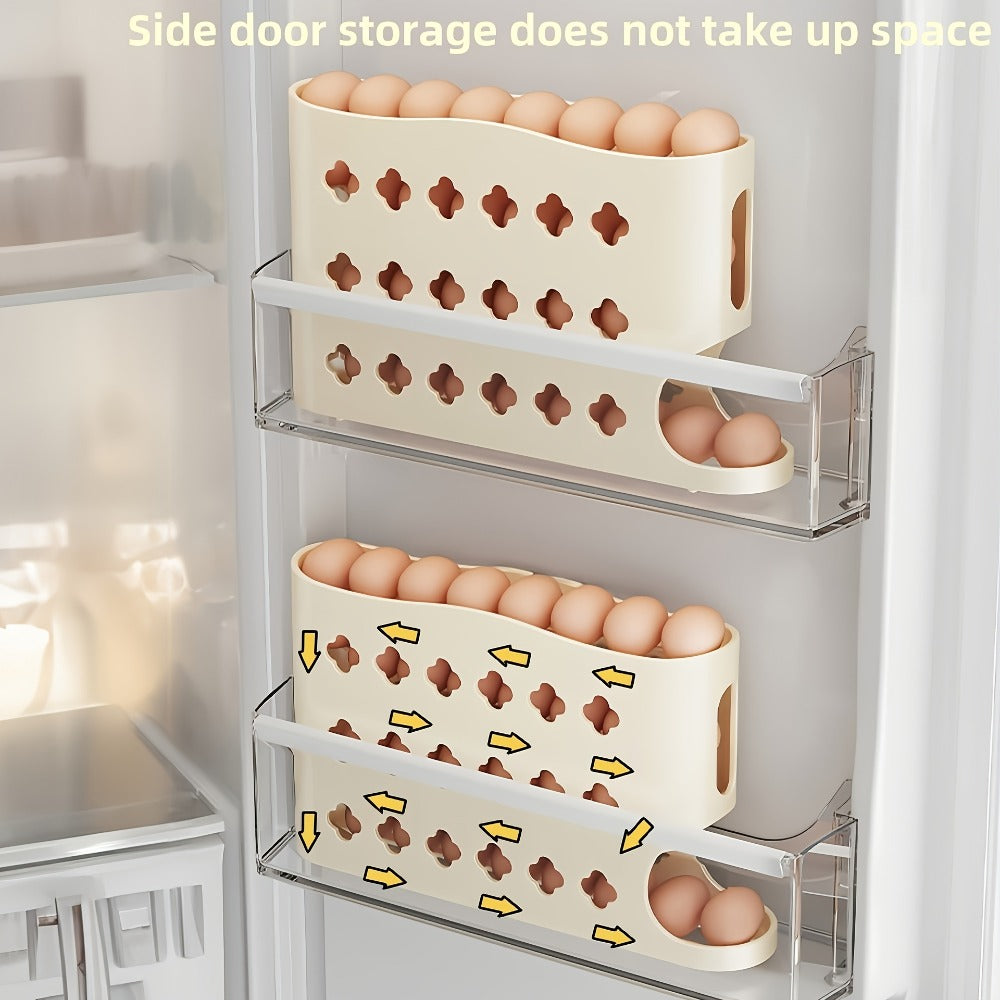 Egg Dispenser Kitchen Organizer 4-Tier Auto-Rolling PP Rack for Refrigerator, Cabinet or Countertop