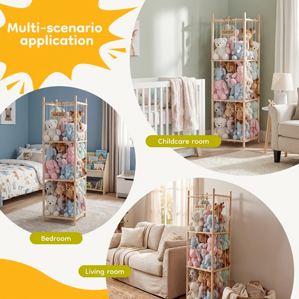 Four-Tier Stuffed Animal Storage Organizer with Rectangular Open Frame in Natural, White or Pink