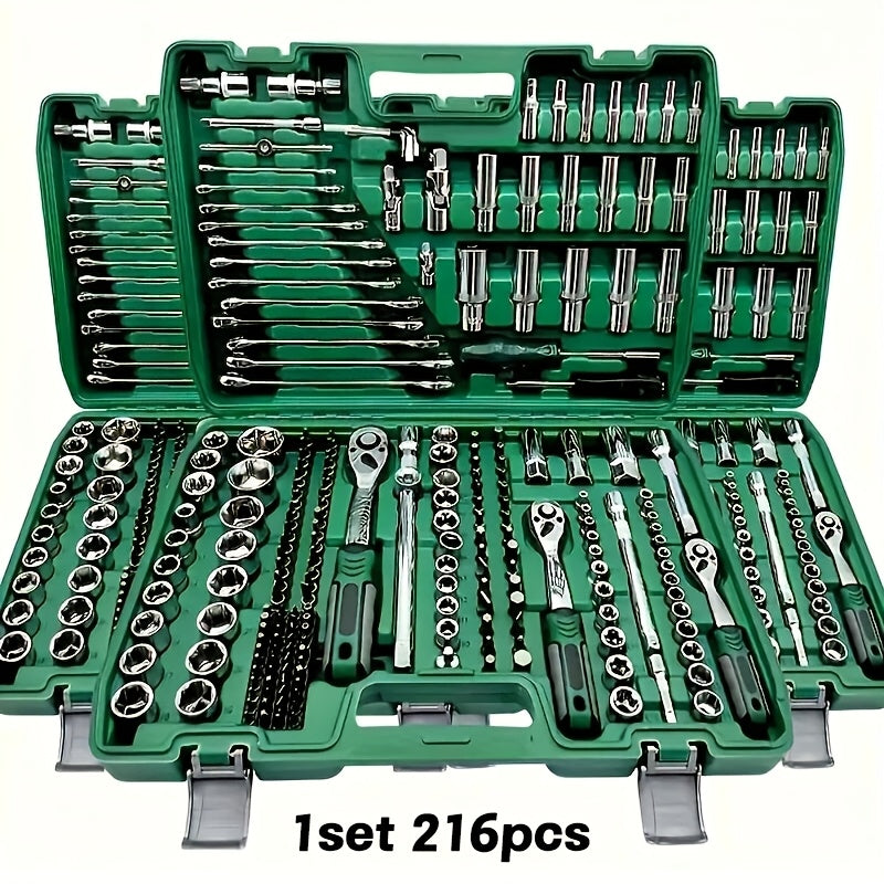 216-Piece Professional Socket Set 1/4" 3/8" 1/2" Drive – S2 & CR-V Steel Ratchet Wrench Kit with Deep & Standard Sockets for Auto Repair