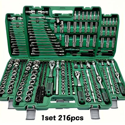 216-Piece Professional Socket Set 1/4" 3/8" 1/2" Drive – S2 & CR-V Steel Ratchet Wrench Kit with Deep & Standard Sockets for Auto Repair