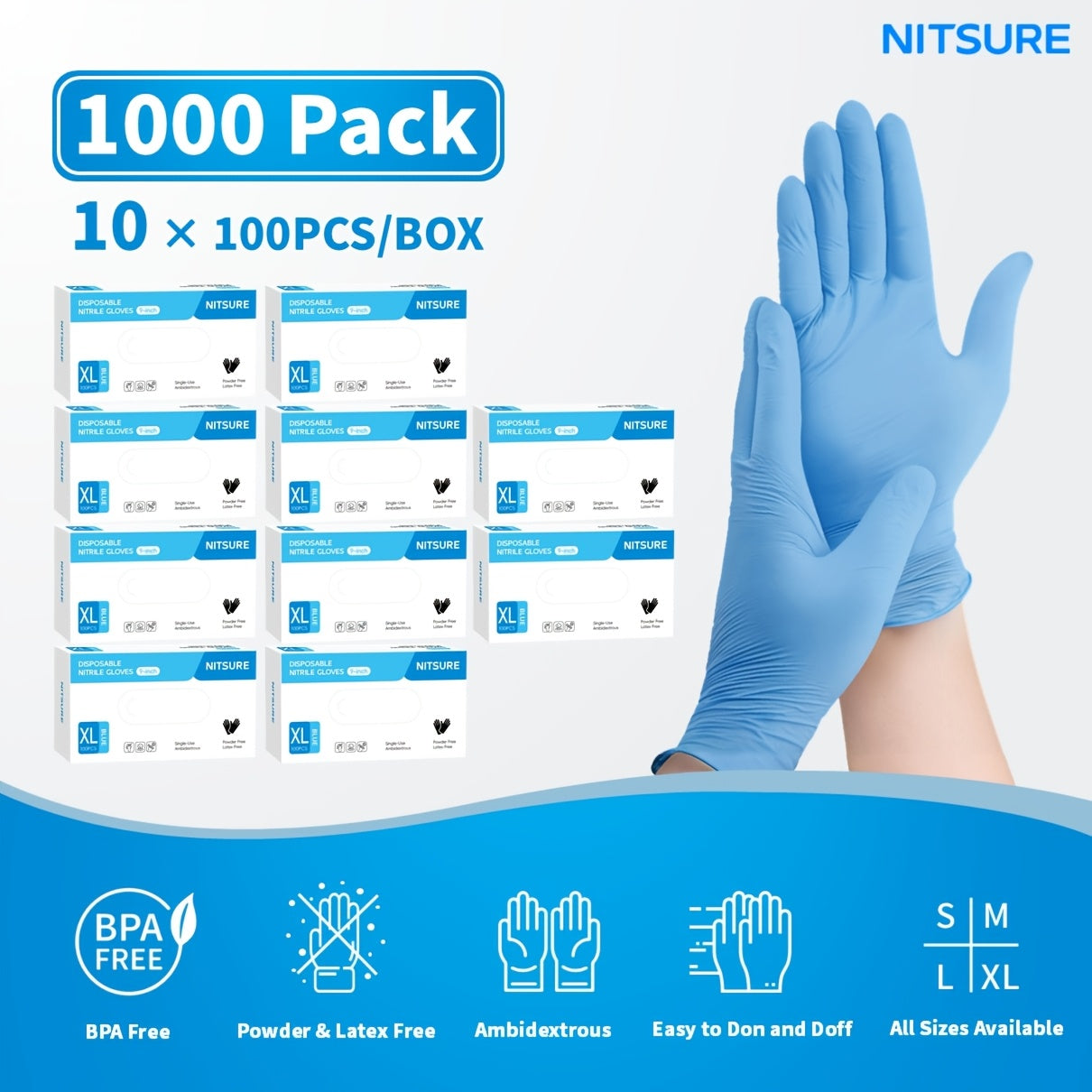 Blue Nitrile Disposable Gloves 5.5 Mil, Bulk Pack 101/201/501/1000 Count, Latex-Free Powder-Free Chemical Resistant Elastic Fit