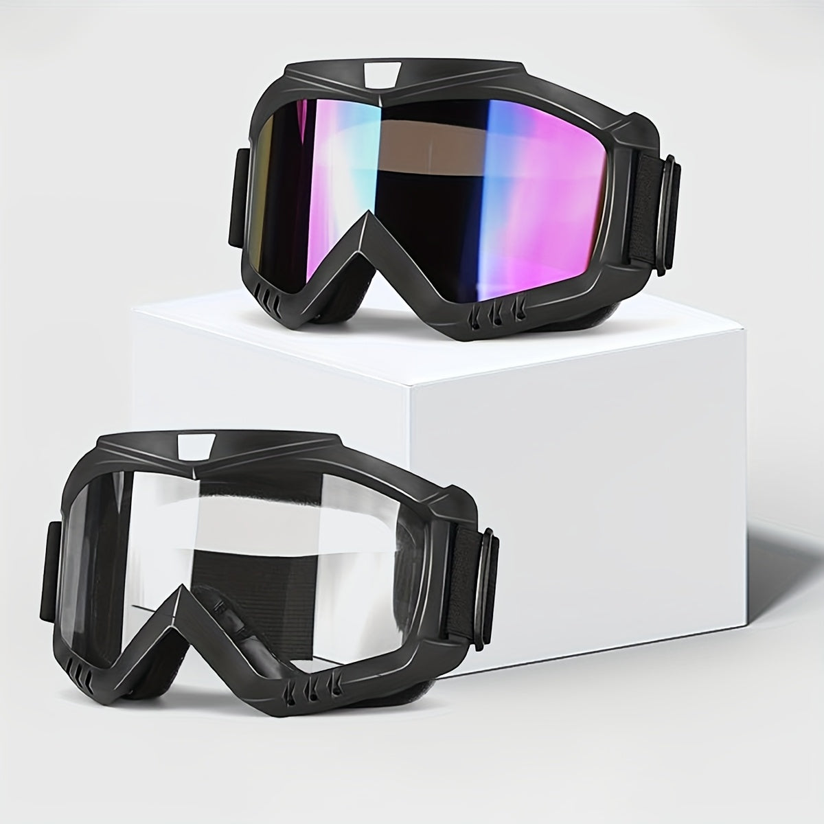 Two-Piece Black-Frame Ski Goggle Sets in Three Colorful, Gray and Transparent Lens Pairings