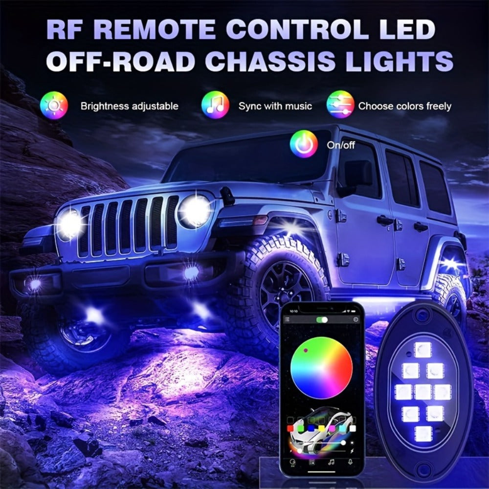 RGB LED Rock Lights Kit for Trucks & Off-Road – App & Remote Control, Music Mode, Underglow Neon Lights for SUV, ATV, UTV