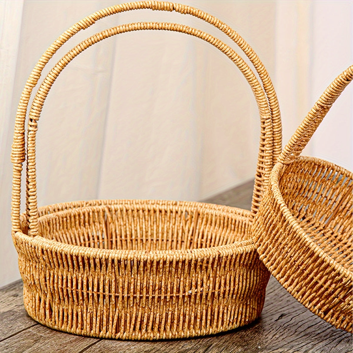 Rattan-Look Plastic Woven Carry Basket with Tall Handle in Small, Medium and Large Size Options