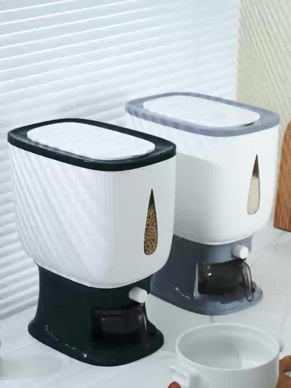 Rice Dispenser with Measuring Cup, Large 6-Chamber Sealed Grain Storage Container, Transparent Window