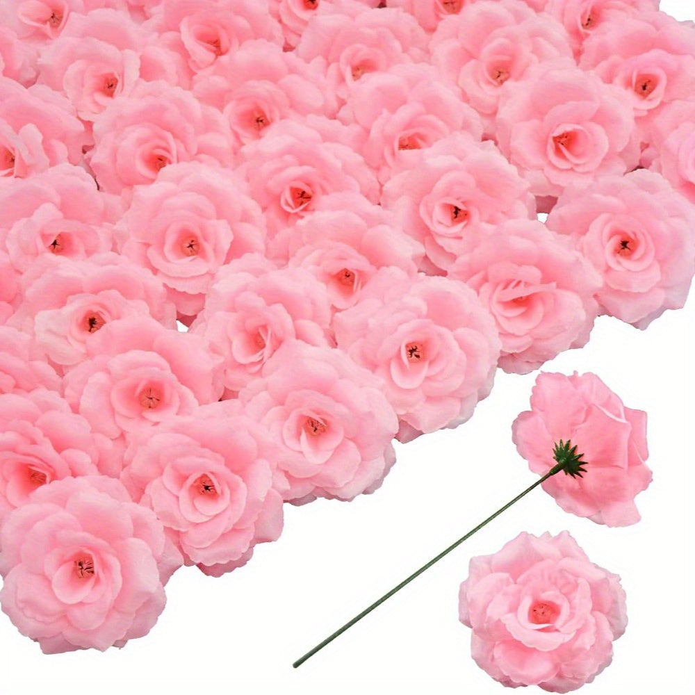 Artificial Rose Heads with Stems, 50-Piece Silk-Labeled Set in Champagne, Silver, Pink, Wine Red, Blue or Orange