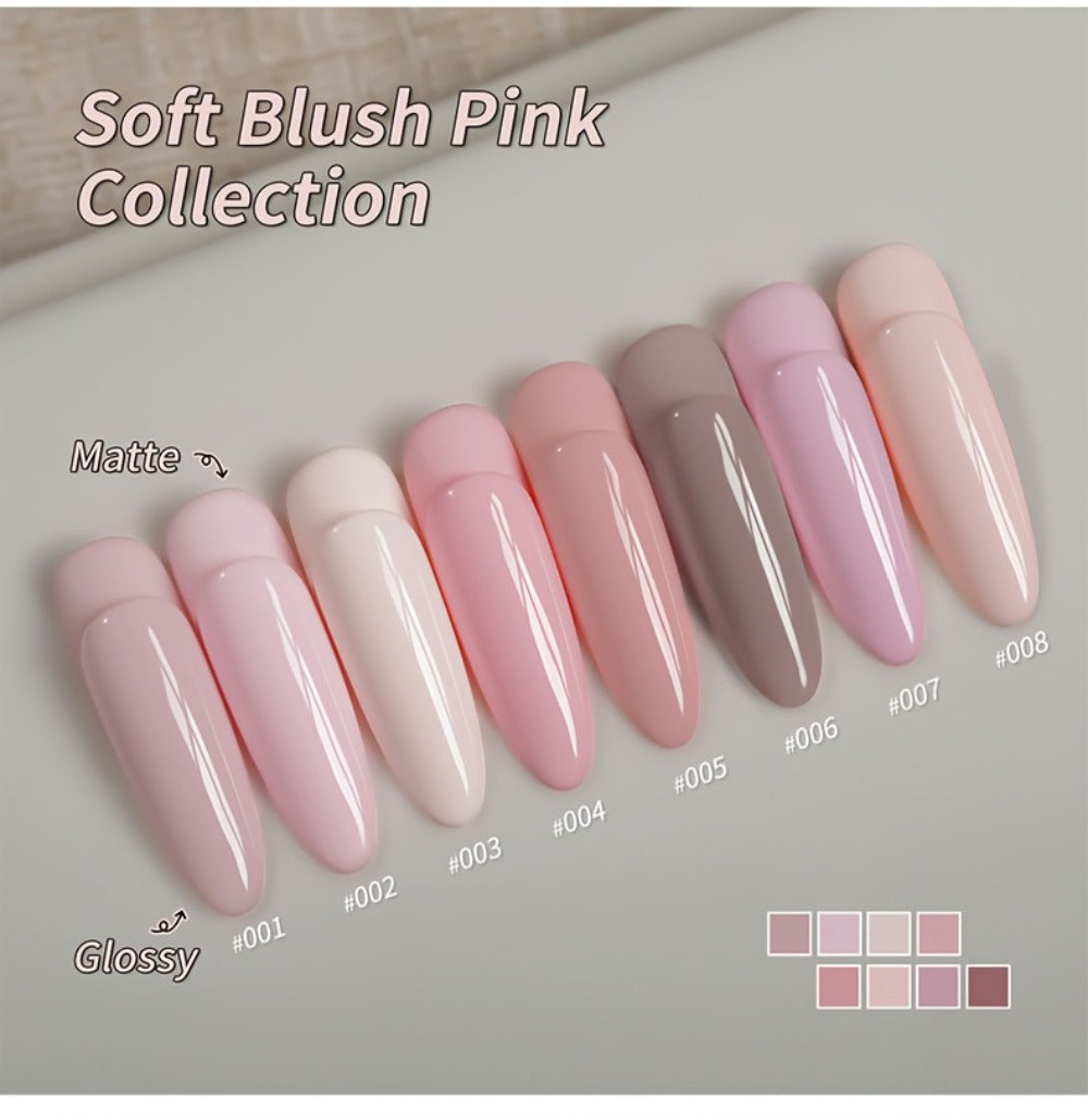 Gel Nail Polish 8-Color Gentle Pink Set in 0.51oz Bottles with Shades 001-008 and LED Soak-Off Cure for Nail Art
