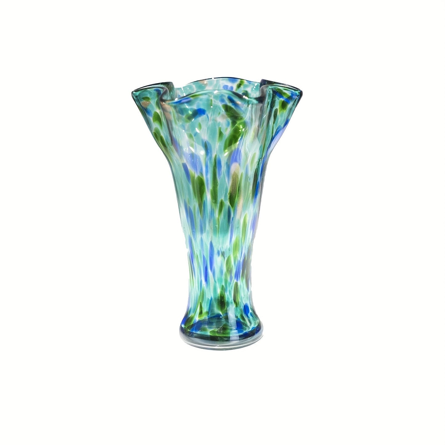 Hand Blown Glass Vase Colorful Wide Mouth, Teal Green Art Glass Flower Vase for Fresh Flowers & Spring Arrangements
