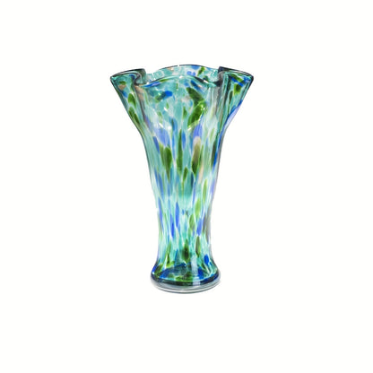 Hand Blown Glass Vase Colorful Wide Mouth, Teal Green Art Glass Flower Vase for Fresh Flowers & Spring Arrangements