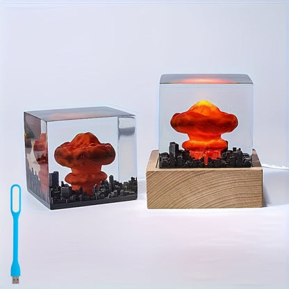 Night Light Mushroom Cloud USB LED Display Lamp with Red Glow, Clear Cube Shade and Sci-Fi Desk Accent Design