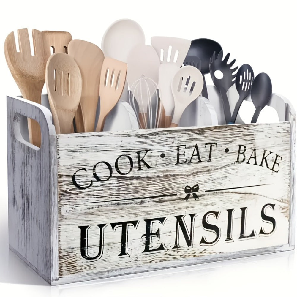 Wooden Kitchen Utensil Holder 3 Compartment Countertop Organizer, Rustic Wood Kitchen Tool Storage Box Wall Mounted or Countertop