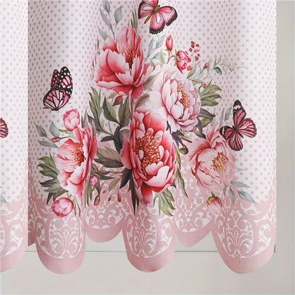 Three-Piece Butterfly Floral Window Curtain Set with Rod-Pocket Valance, Two Tiers and Four Colors