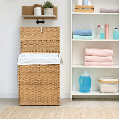 Woven Laundry Hamper with Hinged Lid, Removable Fabric Liner and Side Handles in Two Sizes and Brown or Gray