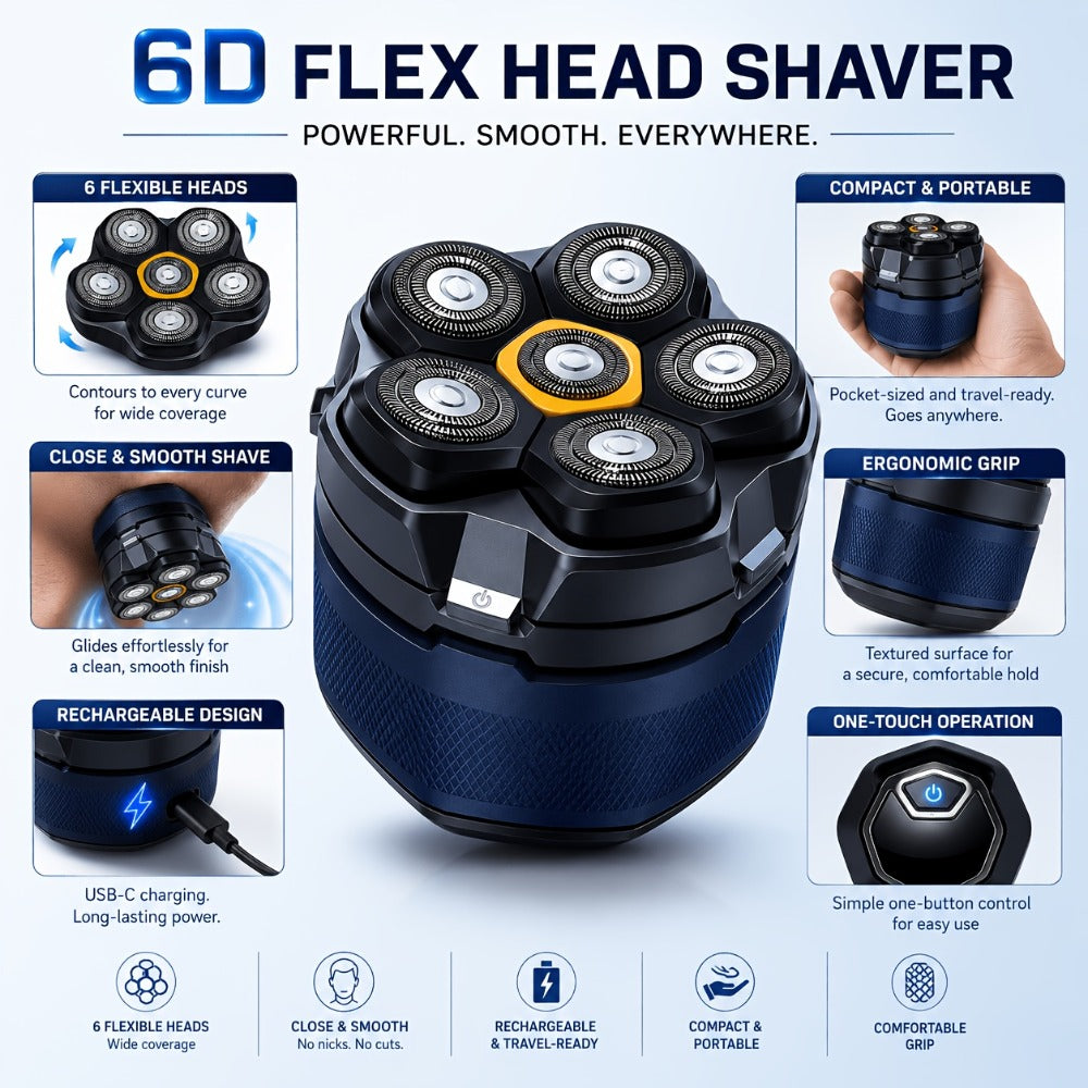 Head Shaver for Bald Men 6-Blade Electric Head Razor Magnetic Floating Blades USB-C for Everyday Face, Beard and Body Grooming