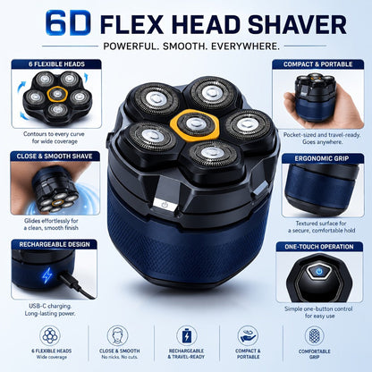 Head Shaver for Bald Men 6-Blade Electric Head Razor Magnetic Floating Blades USB-C for Everyday Face, Beard and Body Grooming