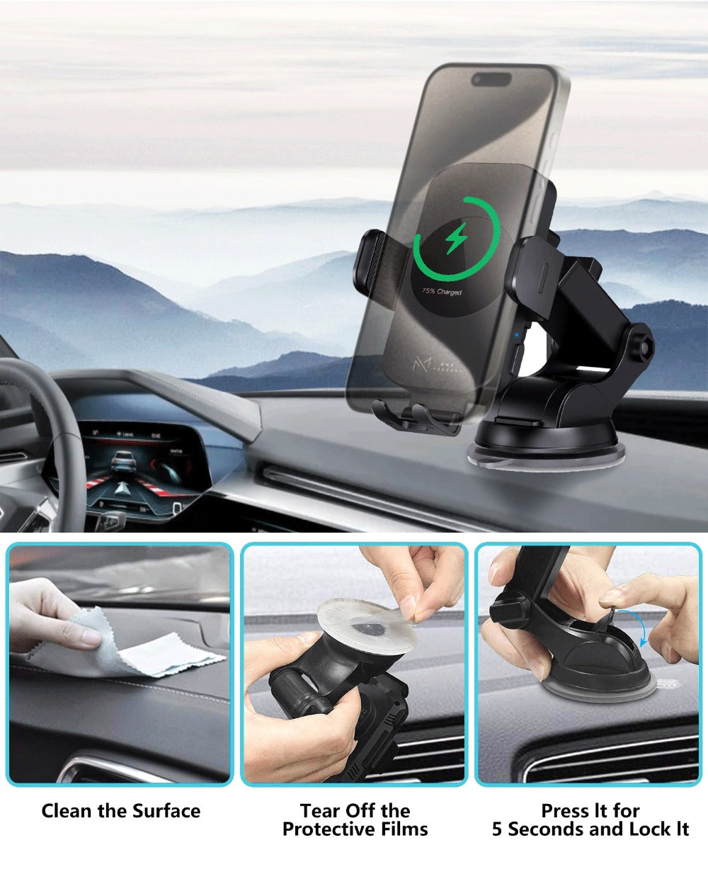 15W Auto-Clamping Wireless Car Phone Mount with Dashboard Suction Base and Blue or Gold Finish