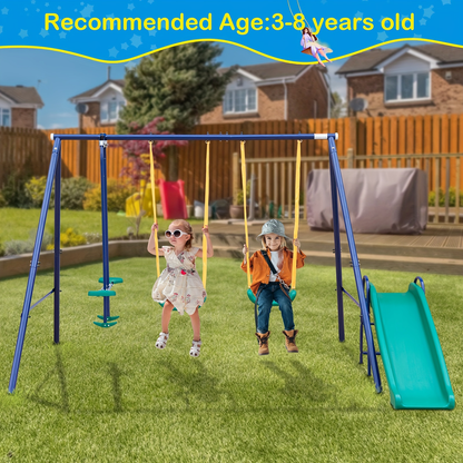 Heavy Duty A-Frame Metal Swing Set for Backyard with 2 Swings Slide Glider Seesaw Disc Seat Outdoor Playset for Kids Toddlers Backyard Play