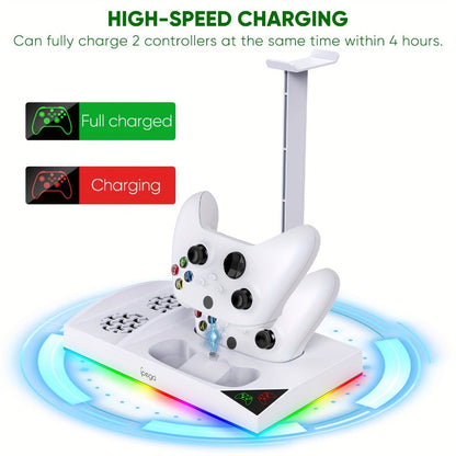 RGB Console Stand Compatible with Xbox Series S, Dual Controller Charging Bays and Two 1400mAh Battery Packs