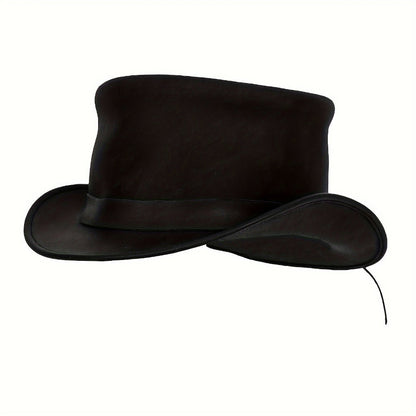 Genuine Leather Top Hat Steampunk Gentleman Shapeable Brim, Real Cowhide Low Crown Topper for Men & Women S-3XL