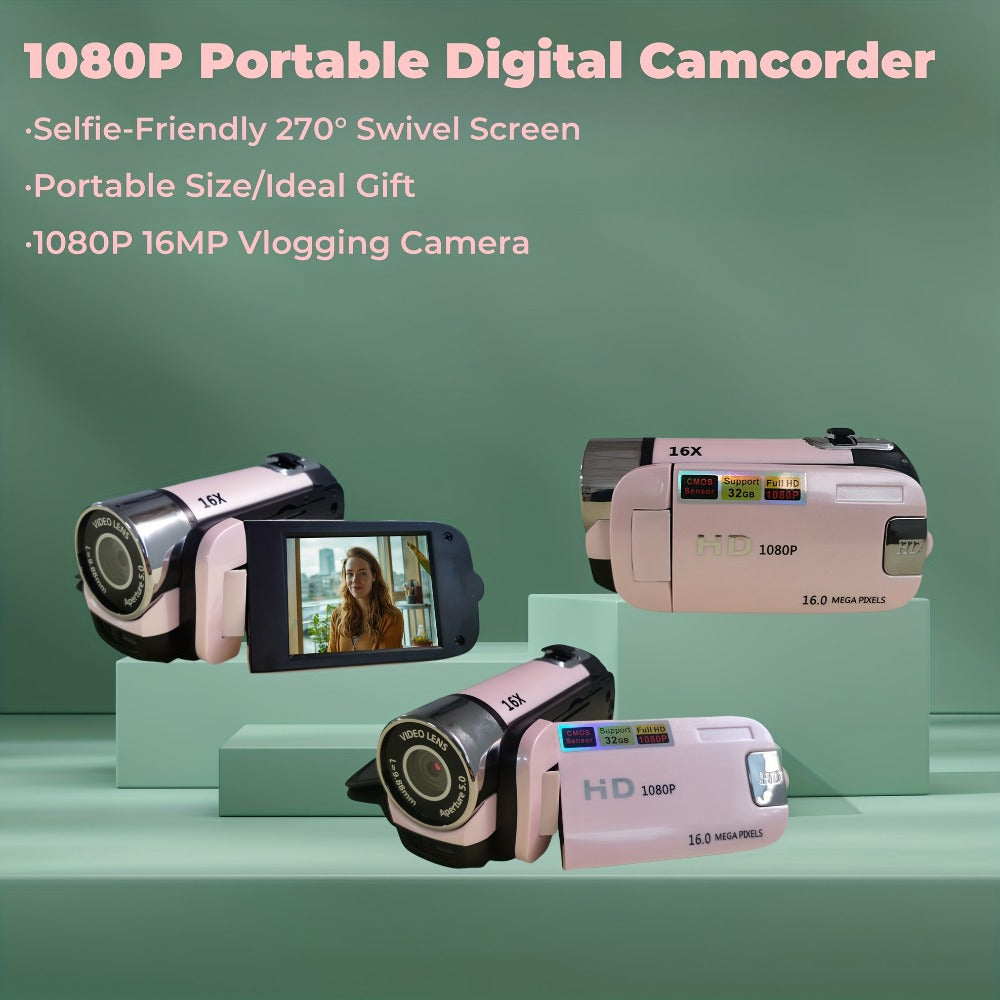 Portable 1080P Digital Camcorder with Rotating Screen & 32G Memory Card, Rechargeable Battery, Selfie Support