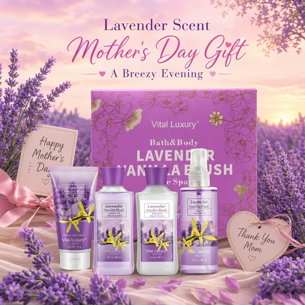 Luxury Bath Gift Set for Women 4pcs Lavender Vanilla Body Care Kit Shower Gel Body Lotion for Entryways, Bedrooms and Living Spaces