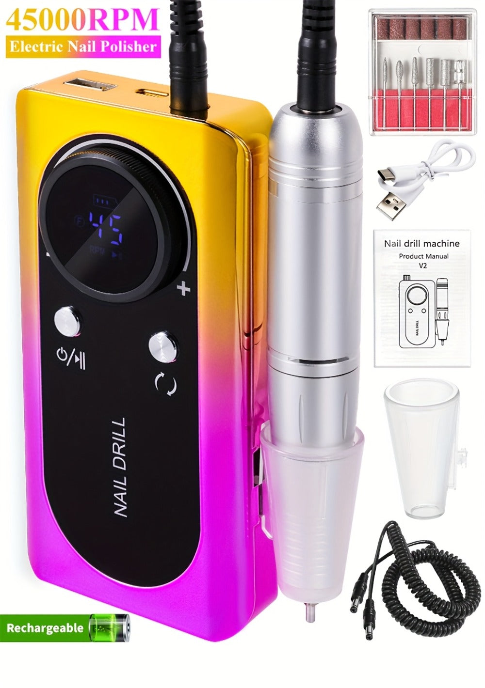 Electric Nail Drill 45000 RPM Rechargeable Kit with LCD Display and White or Golden Color Options
