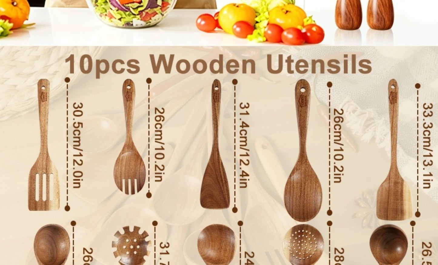 Kitchen Utensils 10-Piece Teak Wood Spoon and Spatula Set with Thickened, Basic and Shovel Configurations