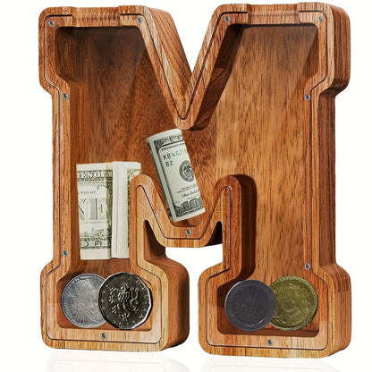 Personalized Wooden Piggy Bank for Kids – A-Z Alphabet Letter Initial Coin & Bill Savings Bank for Boys & Girls
