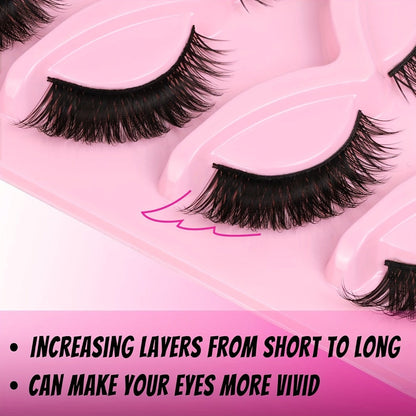 Wispy Cat-Eye False Eyelashes, 30-Piece Pack with Clear Bands in Stacked Pink Storage Trays