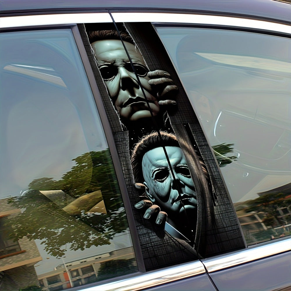 Two-Piece Masked Figure Car Window Decal Set with Stacked Black-and-Gray Horror Portrait Panels