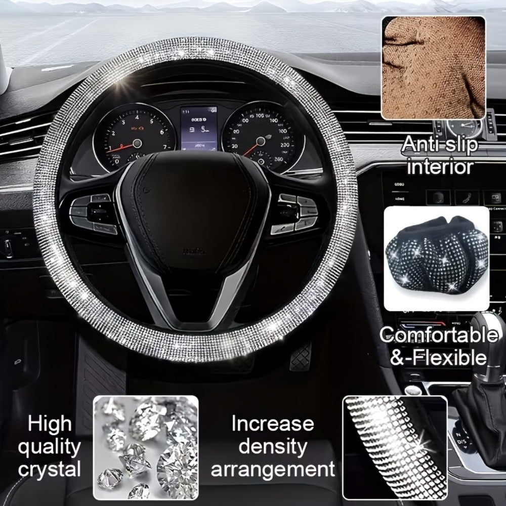 27pcs Bling Car Accessories Set for Women – Steering Wheel Cover 15", Car Coasters, License Plate Frame & Phone Holder
