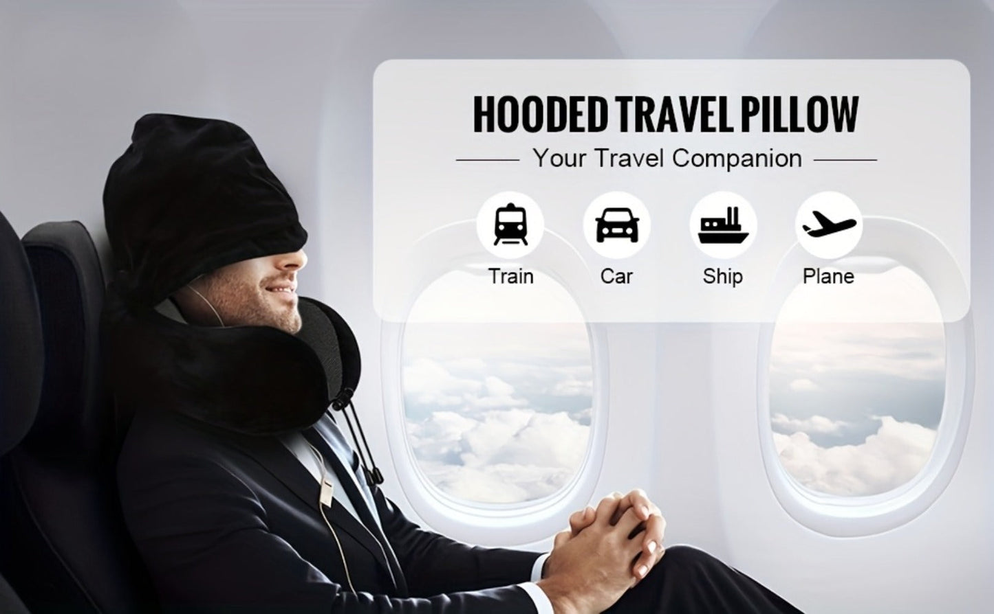 Hooded U-Shaped Travel Neck Pillow with Eye Mask, Carry Bag and Front Drawstrings in Pink, Blue, Black or Grey