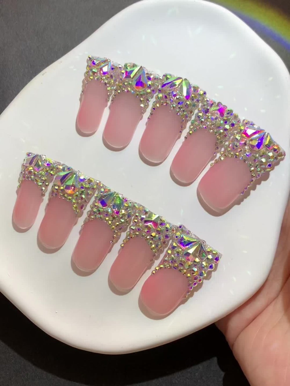 Press On Nails 10-Piece Long Duckbill Set with Nude French Tips, AB Diamond Finish and Nail Tools