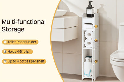 Slim Bathroom Storage Cabinet, PVC Toilet Paper Holder & Organizer for Small Spaces, Easy Assembly