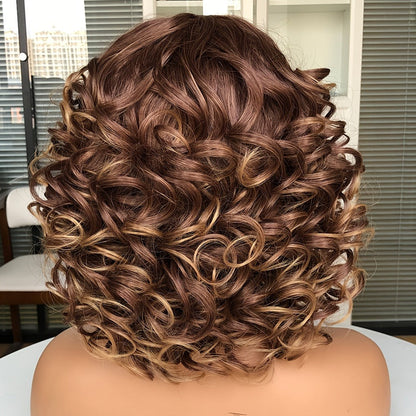 Synthetic Wig 14-Inch Jerry Curls with Wispy Bangs and 13x1 Lace Front in Three Colors for Daily Styling