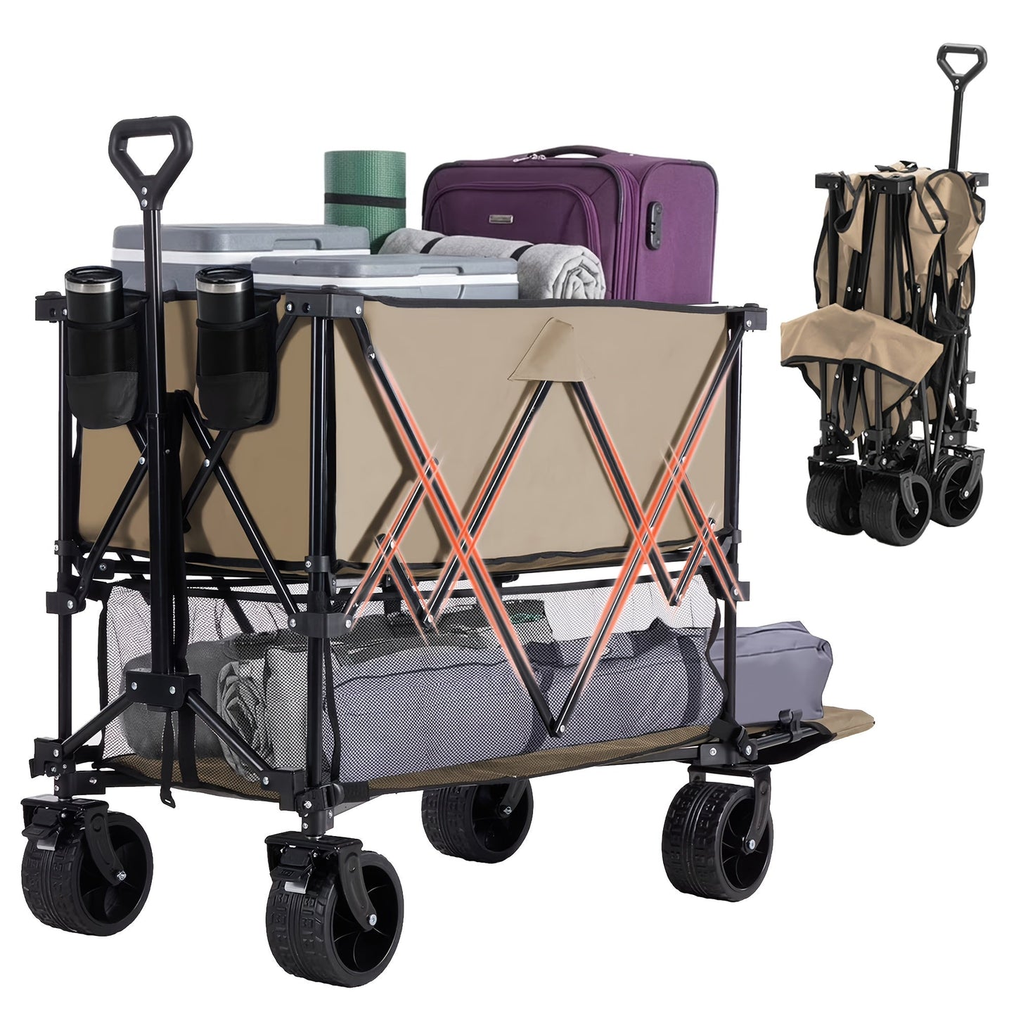 Folding Wagon Cart Double Decker 400L Collapsible Outdoor Utility Cart 54in Extended Shelf Wheels
