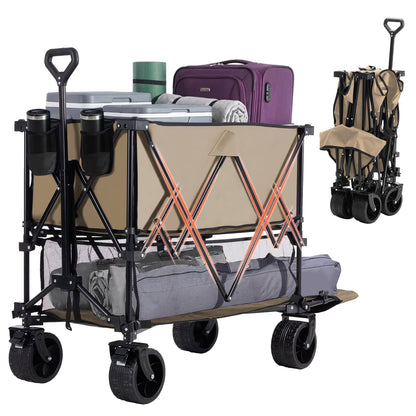 Folding Wagon Cart Double Decker 400L Collapsible Outdoor Utility Cart 54in Extended Shelf Wheels
